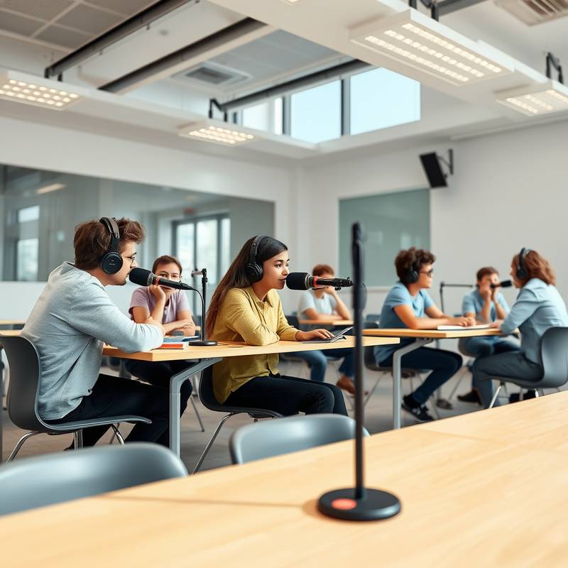 Estudantes aprendendo em uma sala de aula de podcast.