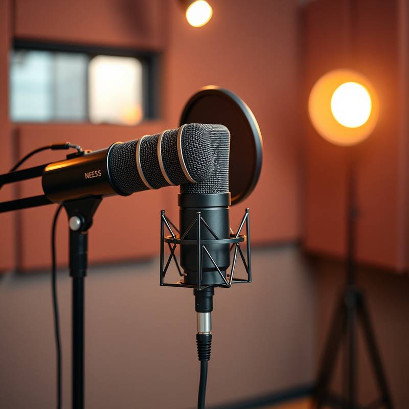 Um microfone de podcast profissional em um estúdio de gravação.