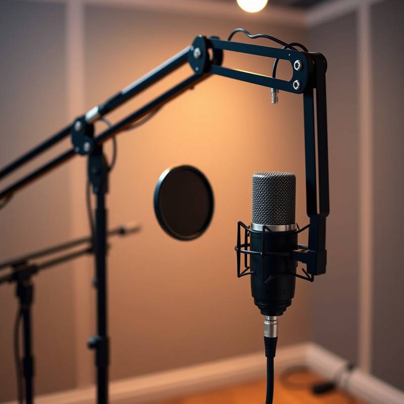 Um microfone de podcast profissional em um estúdio de gravação.