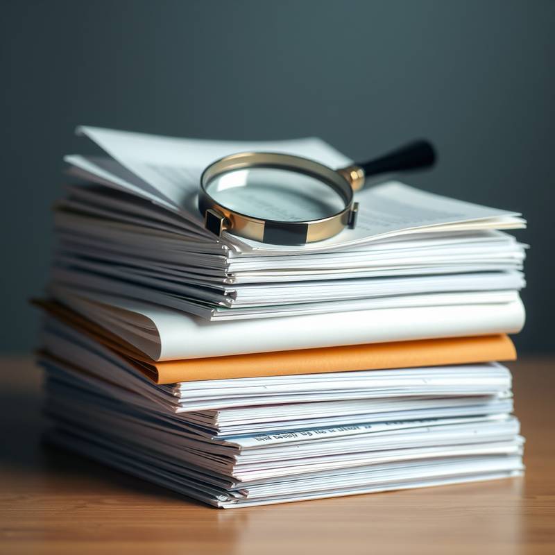 Uma pilha de documentos legais com uma lupa em cima.